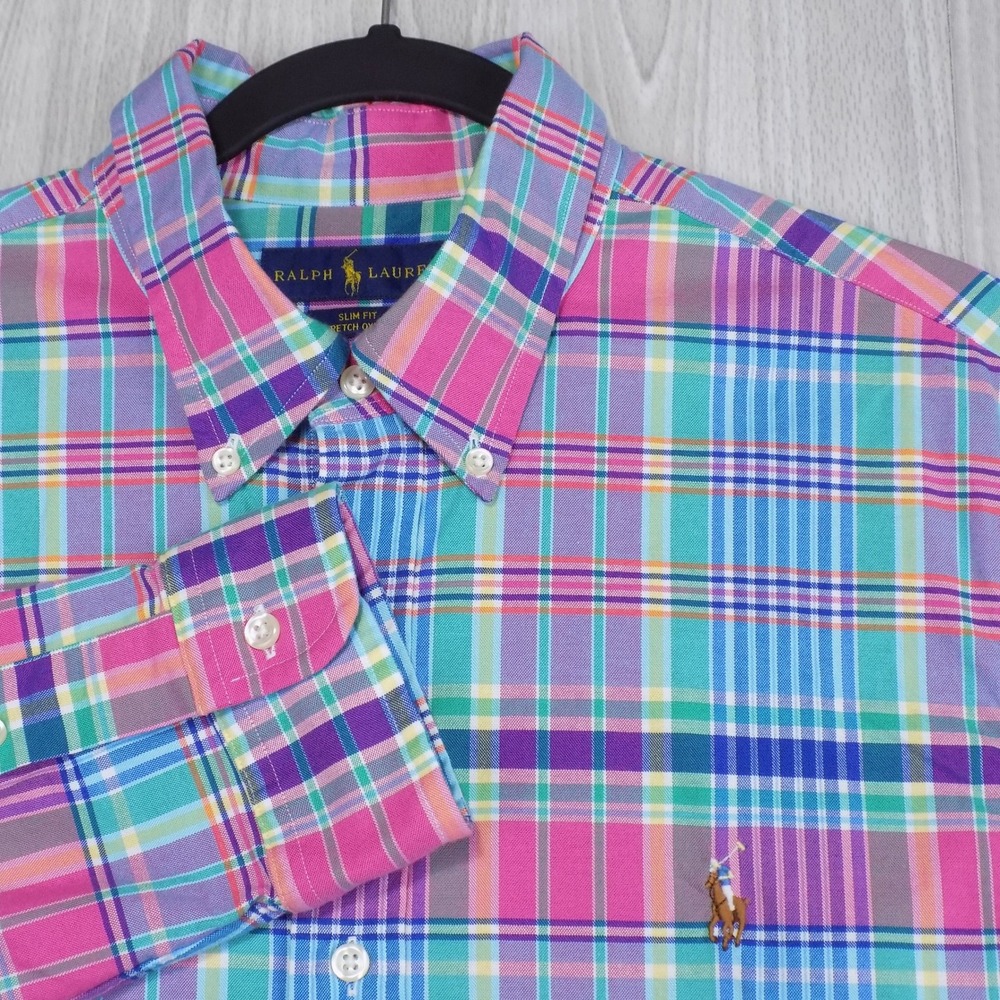 Ralph Lauren Slim Fit Stretch Oxford Shirt Mens L Multicolor Plaid Preppy